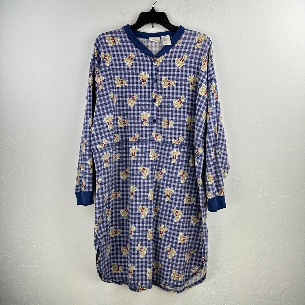 Vtg Simply Basic Pajama Womens XL Blue Bear Plaid Cotton Long Sleeve Nightgown‎
